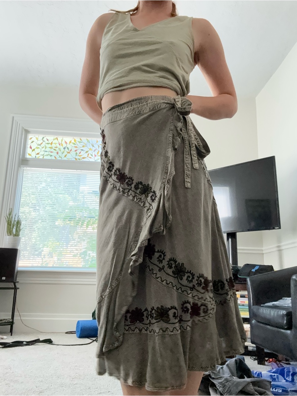 Olive/Gray Wrap Tie Maxi Skirt with Flower Embroidery